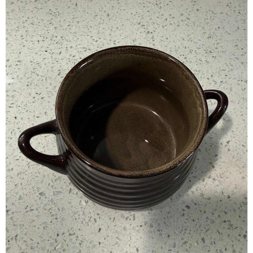 Crate & Barrel Brunswick Brown Stoneware Handled 12 oz Soup Bean Pot Crock EUC
